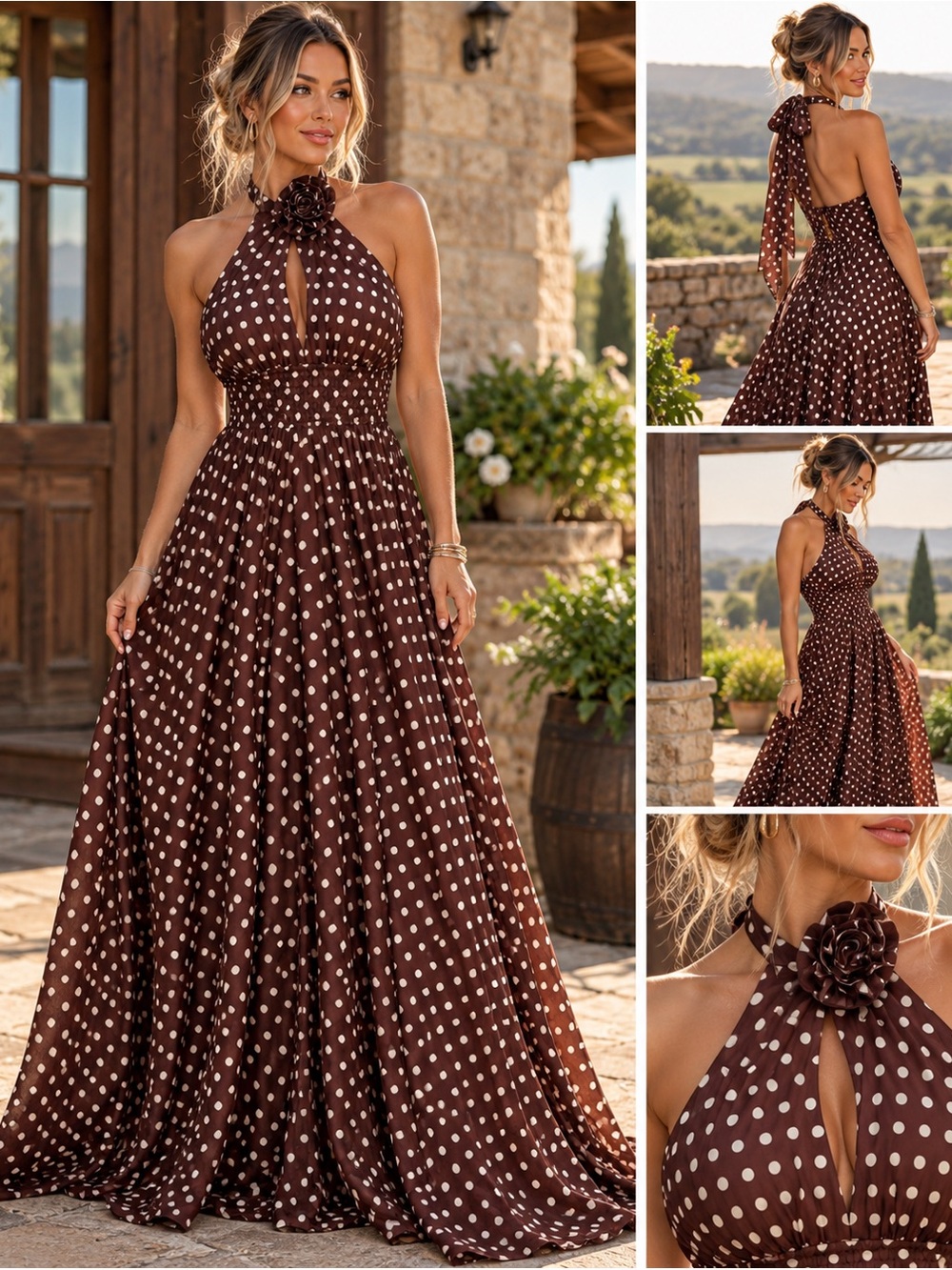 Brown Polka Dot Halter Maxi Dress
